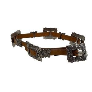 Vtg 1994 Brighton Concho BrownLeather Belt Silver Tone Hardware Sz S USA Made